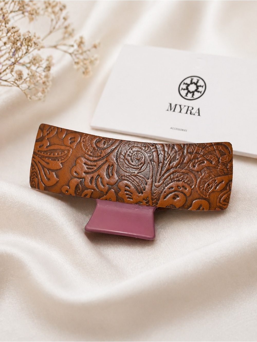 MYRA Embossed Floral Hair Clip Brown Boho Western Barrette Statement Clip